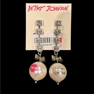Betsey Johnson Faux Pearl and Silver Bow Earrings